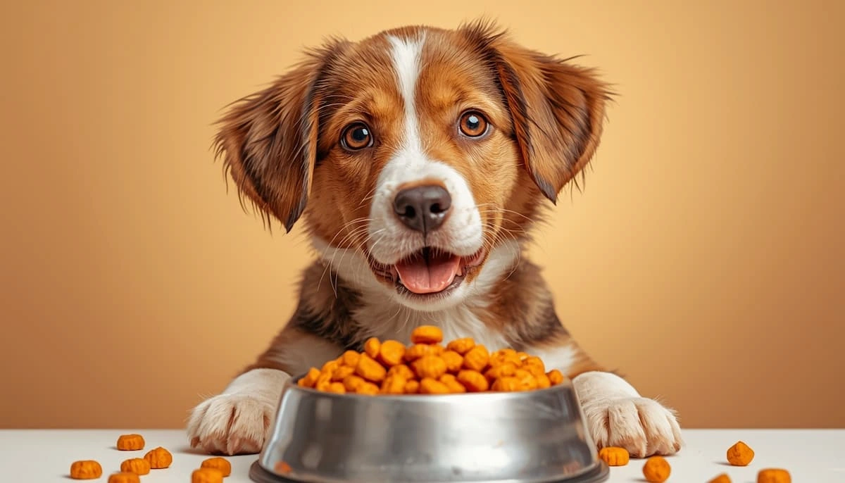 um filhote de cachorro se alimentando com a melhor ração para filhotes.